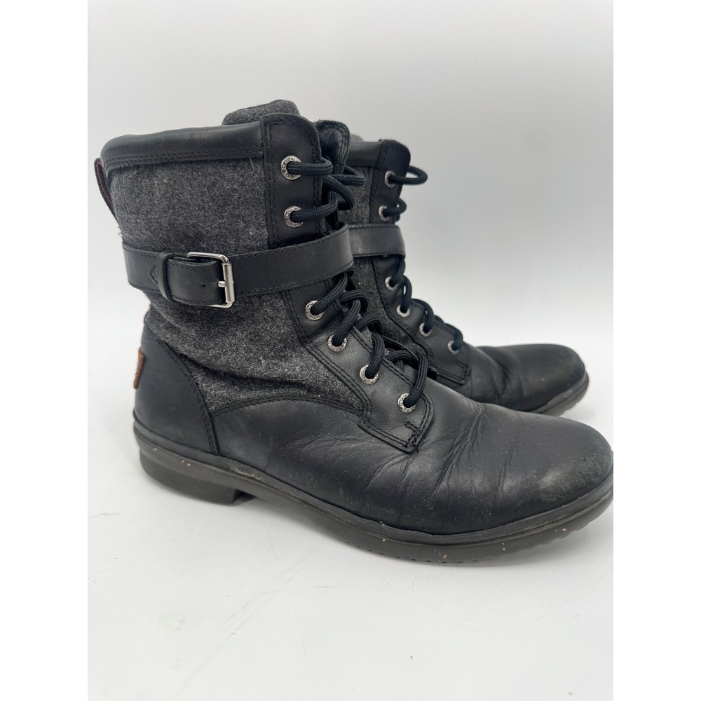 UGG Simmens Boots Women 9.5 Black Leather Wool Buckle Lace Up 1005264